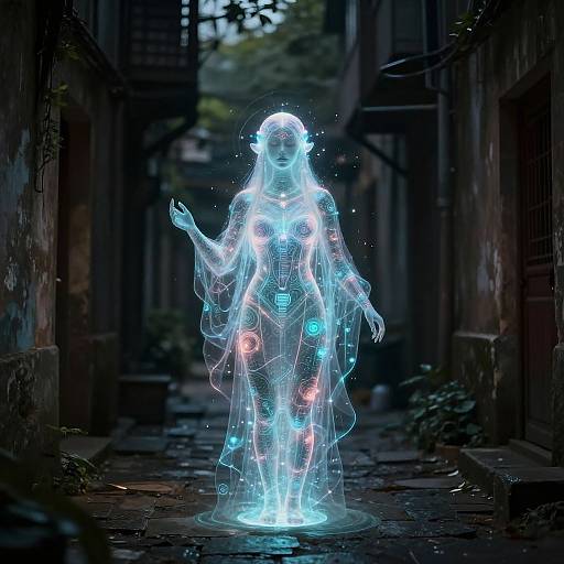Digital CGI of a glowing, ethereal female figure with blue and neon lights, standing in a dark, narrow alleyway.