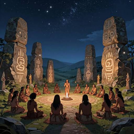 Digital illustration of a nighttime tribal ceremony with indigenous people seated around a glowing stone circle, surrounded by illuminated ancient statues under a starry sky.