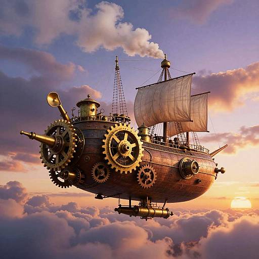 Steampunk Airship Above Sunset Clouds