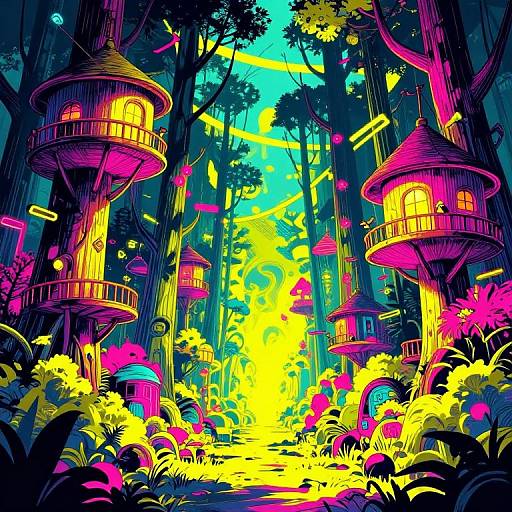 Neon Cyberpunk Forest with Treehouses