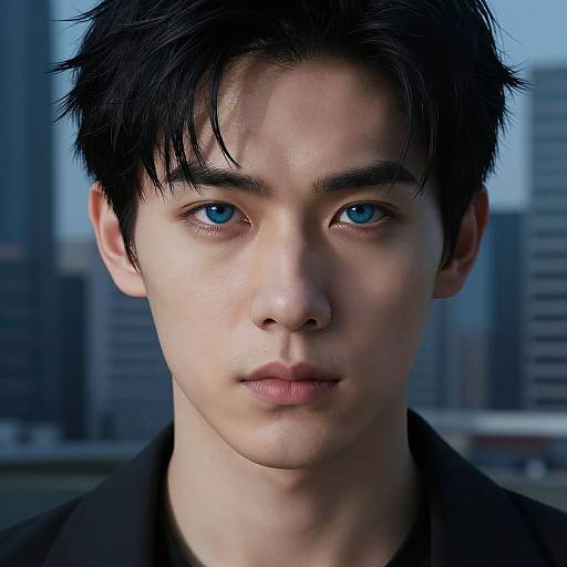 Photorealistic portrait of a young Asian man with blue eyes, black hair, and fair skin, wearing a black coat, against a blurred urban city