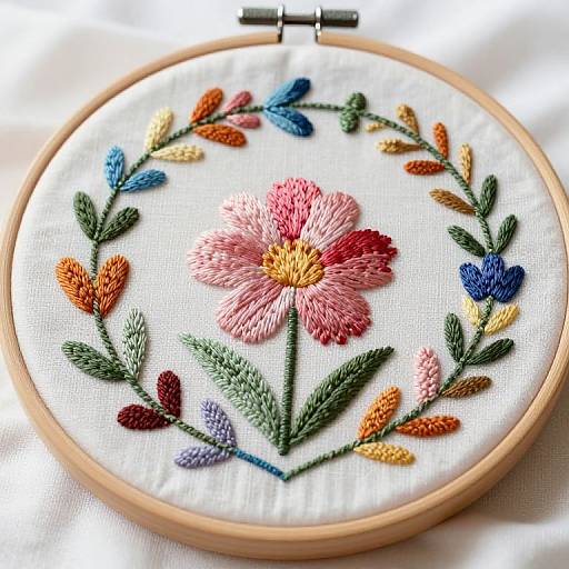 Embroidery hoop with colorful, textured flower and leaf design. Pink flower center surrounded by multicolored leaves, set on white fabric.
