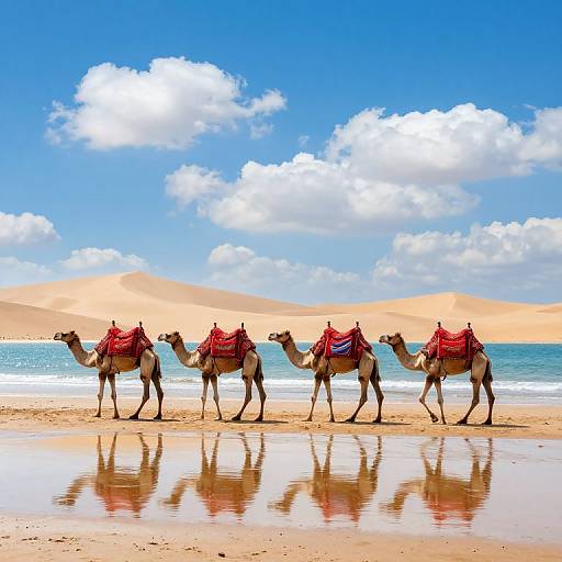 Photograph of four camels with red saddle cloths walking on a sandy beach with blue ocean, white waves, and distant golden dunes under a