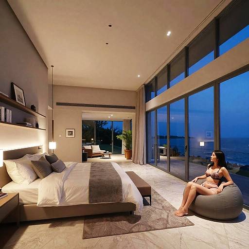 Photograph of a modern bedroom at twilight: woman in lingerie sits on beanbag by floor-to-ceiling windows, overlooking ocean; king bed with white