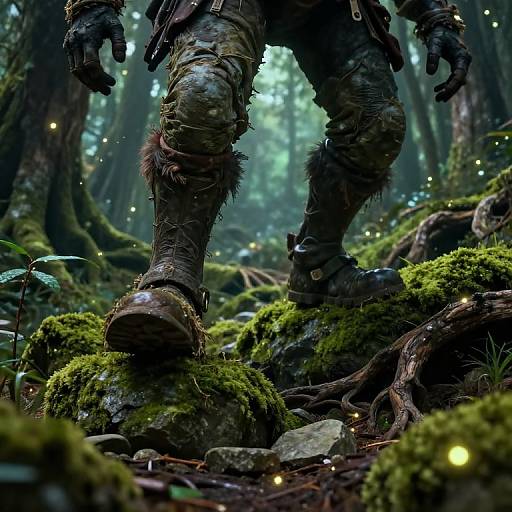 Fantasy forest scene: detailed close-up of a rugged, leather-clad warrior's muddy boots stepping through moss-covered roots, surrounded by glowing fireflies