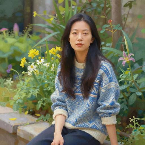 Photograph of an Asian woman with long black hair, wearing a blue patterned sweater, sitting in a lush, colorful garden.