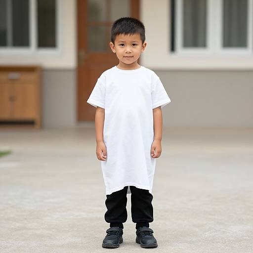 Photograph of a young Asian boy with short black hair, wearing a white t-shirt, black pants, and black shoes, standing in front of a