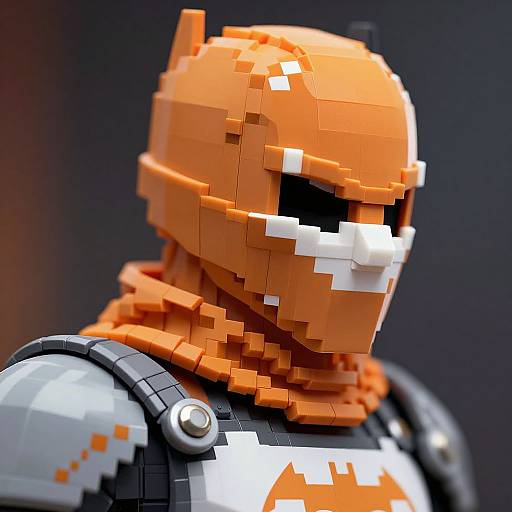 Photograph of a pixelated LEGO figure with an orange helmet, white facial markings, and gray-black armor against a dark background.