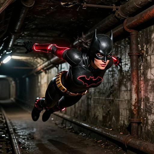 Photorealistic digital art of Batman in black and red suit, flying through a dimly lit, grimy sewer tunnel with pipes and water puddles