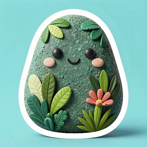 Photorealistic CGI of a textured green stone egg with black eyes, pink blush, smiling mouth, and green leaves, with a pink flower, illuminated