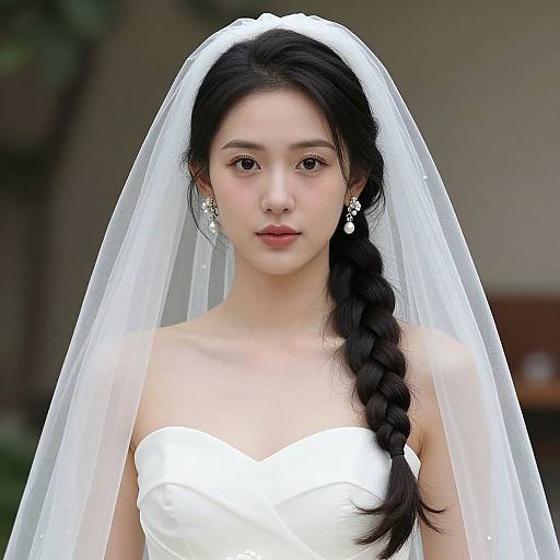 Photograph of an Asian bride with long black hair in a braid, wearing a white strapless wedding dress and veil, adorned with pearl earrings,