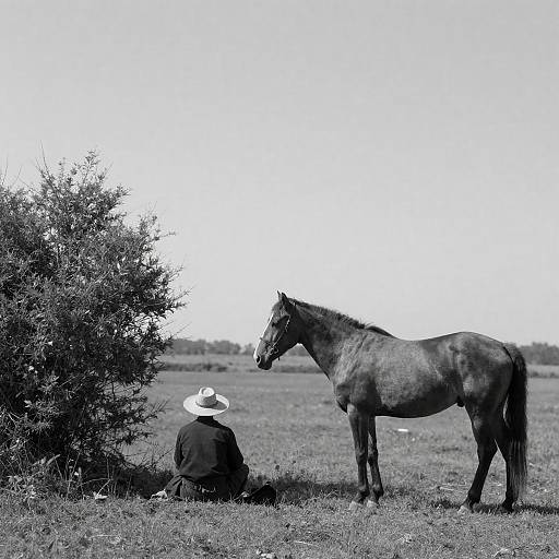 Black-and-White Rural Rider and Horse