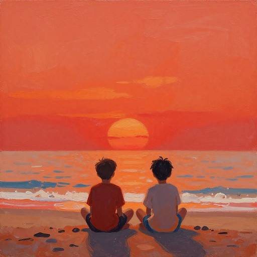 Digital painting of two children, one in red shirt, one in white, sitting on beach, watching vivid orange sunset over ocean.