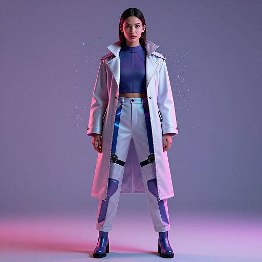 Photograph of a young woman with dark hair, wearing a white lab coat, blue crop top, high-waisted white pants, and black boots