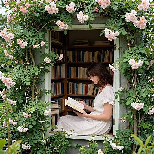 Photograph of a curly-haired woman in a white dress, reading a book, sitting in a flower-covered window frame with a bookshelf behind her.