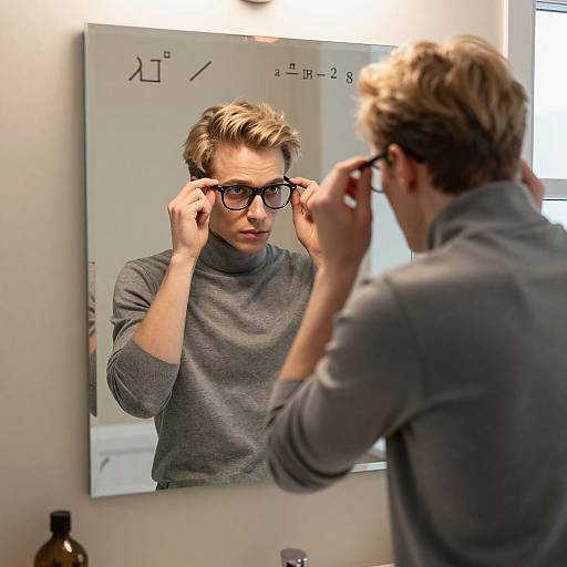 Young Man Adjusting Glasses in Mirror
