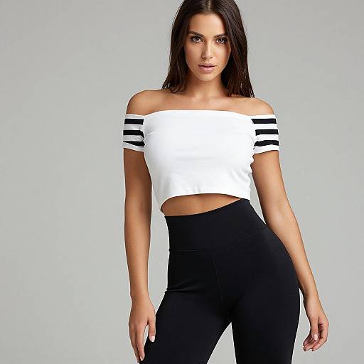 Photograph of a young woman with long dark hair, wearing an off-shoulder white crop top with black stripes and black high-waisted pants
