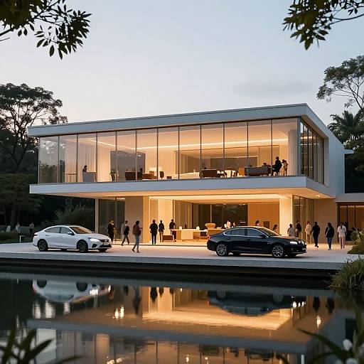 Photograph of a modern, two-story glass house at dusk, warmly lit inside, with a crowd of people on the deck, reflected in a calm
