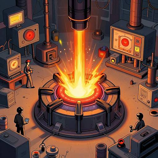 Digital illustration of a laboratory scene with a fiery, bright orange explosion at the center, surrounded by scientists and industrial machinery.