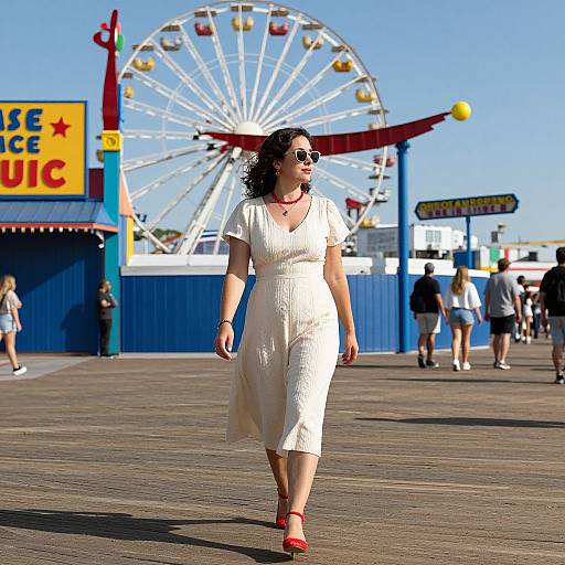 Photograph of a curvy woman with dark curly hair, wearing a white dress and red heels, walking on a sunny boardwalk with a Ferris