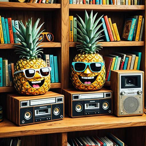 Cheerful Pineapples with Sunglasses and Retro Cassette Players on Bookshelf
