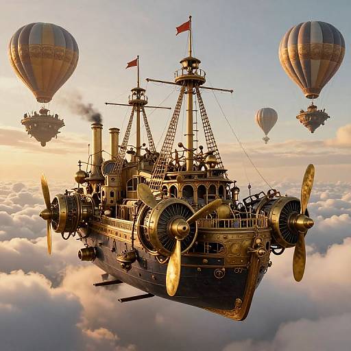 Steampunk Skyship Over Floating Islands