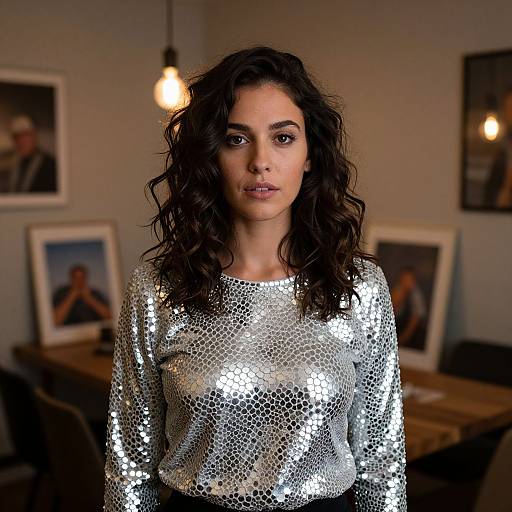 Photograph of a woman with wavy dark hair, wearing a silver sequin long-sleeve top, standing in a dimly lit room with