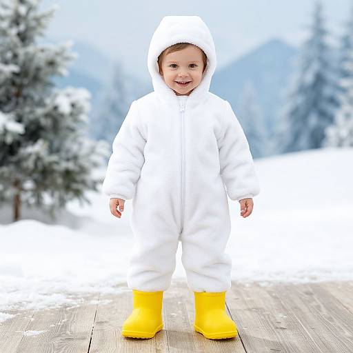 Photograph of a smiling toddler in a white winter coat and yellow boots, standing on a wooden floor with snowy, blurred forest background.