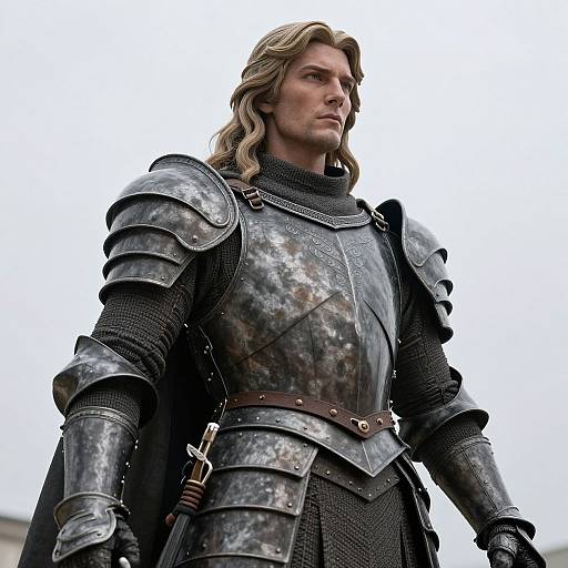 Photograph of a tall, blond-haired man in medieval, weathered silver armor with a serious expression, standing against a cloudy sky.