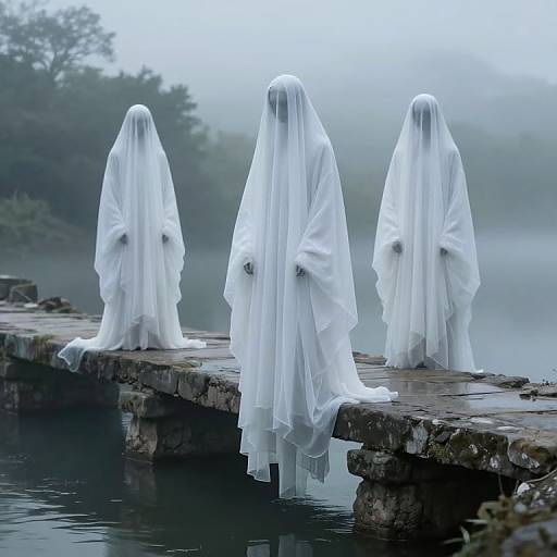 Ethereal Veiled Figures on Misty Bridge