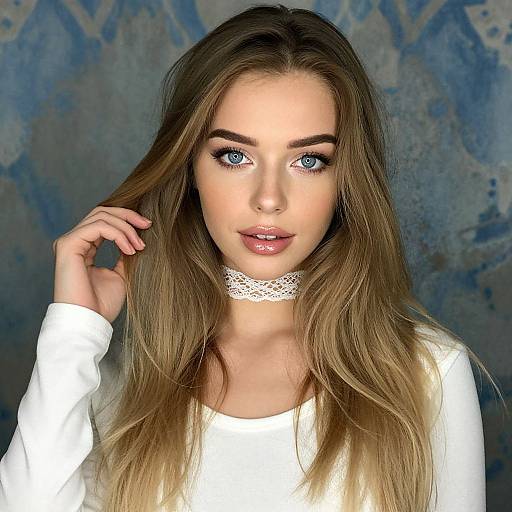 Photograph of a young woman with long brown hair, blue eyes, and fair skin, wearing a white lace choker and long-sleeve shirt