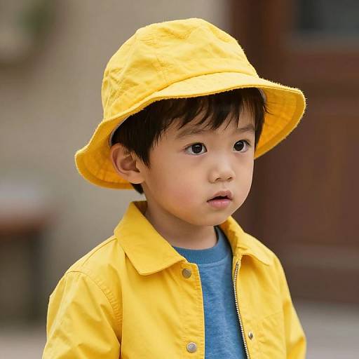 Photograph of an Asian boy with medium skin tone, wearing a bright yellow rain hat and matching jacket over a blue shirt, standing outdoors with a blurred