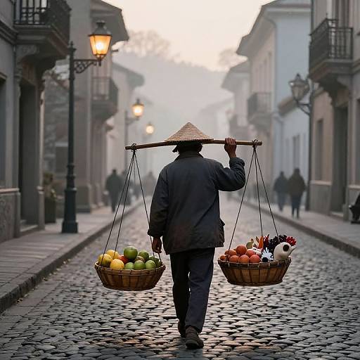 Photograph of an Asian street vendor with a conical hat, carrying two baskets of fruits and vegetables on a misty, cobblestone street.