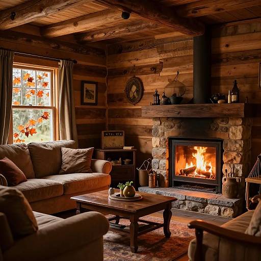 Cozy log cabin living room with a roaring fireplace, brown sofas, wooden ceiling, stone walls, autumn leaves on the window, and rustic decor.