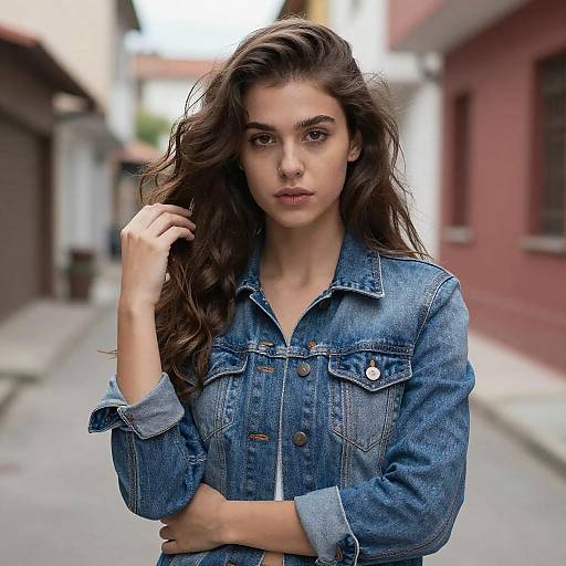 Photograph of a young woman with long, wavy brown hair, wearing a blue denim jacket, standing in a narrow, blurred alley.