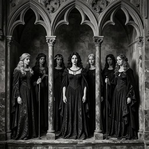 Black-and-white photograph of six Gothic-style women in long, dark dresses, standing in arched niches with columns, holding canes, in a