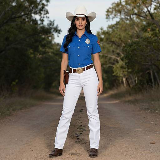 Photograph of a young woman with long black hair, wearing a white cowboy hat, blue shirt, white pants, and brown boots, standing confidently on