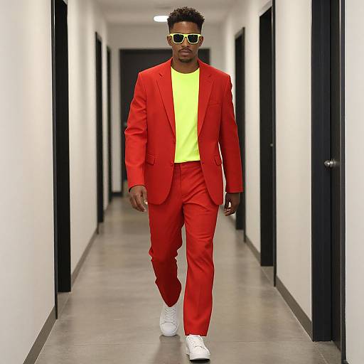Man in Neon Red Suit Walking