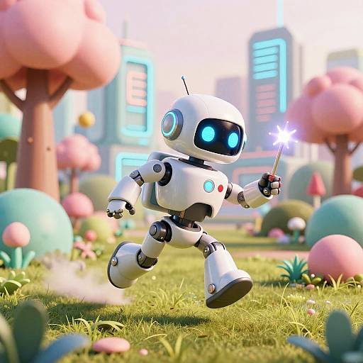CGI image of a white, glowing blue-eyed robot with round body and limbs, holding a sparkly wand, running in a colorful, whimsical