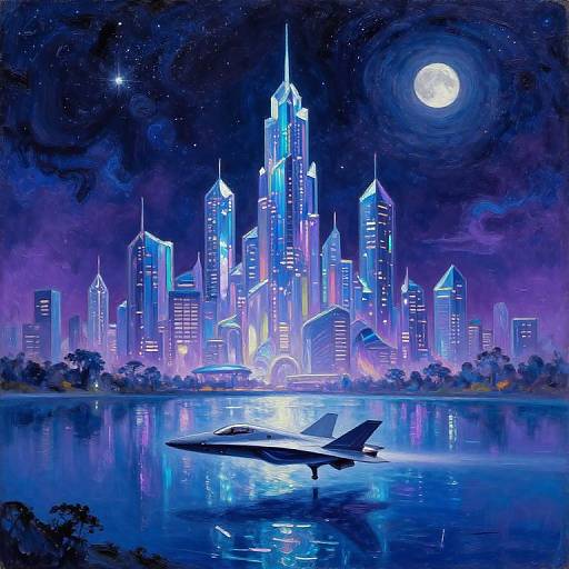 Digital painting of a neon-lit futuristic city skyline at night, with a jet flying over a reflective blue river under a glowing moon.