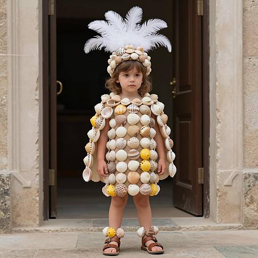 Toddler in Seashell Costume with Feather Headdress