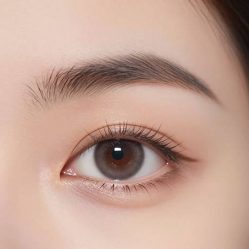 Close-up photograph of an Asian woman's right eye, showcasing a dark brown iris, thick black eyebrow, long eyelashes, and light skin.