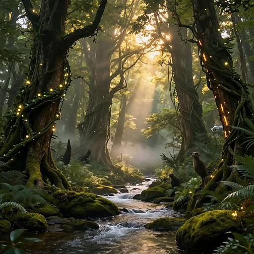 Photorealistic digital artwork of a mystical forest, sunlight filtering through tall, twisted trees adorned with glowing fairy lights, moss-covered rocks, and a gentle