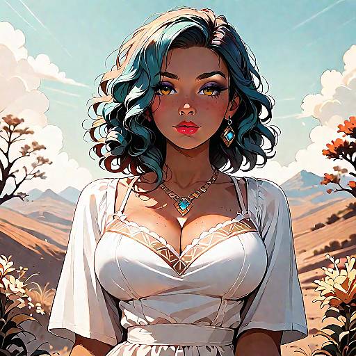 Stylized Portrait of Woman with Blue Hair in Desert Landscape