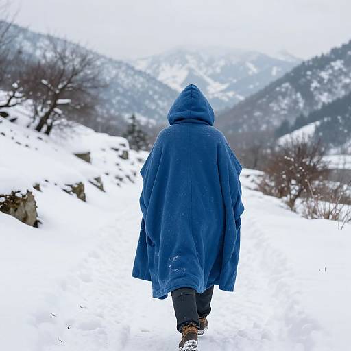 Photograph of a person in a blue hooded cloak walking away in a snowy, mountainous landscape with leafless trees.