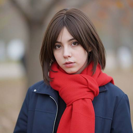Photograph of a young woman with pale skin and dark brown, shoulder-length hair, wearing a navy jacket and bright red scarf, standing in a blurred