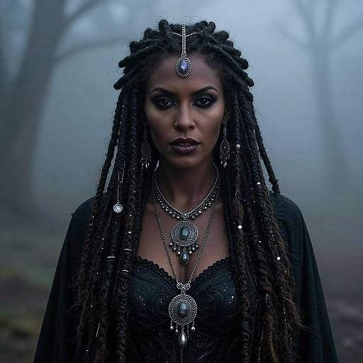 Photograph of a dark-skinned woman with long, intricately braided hair, wearing ornate silver jewelry and a black lace dress, standing in