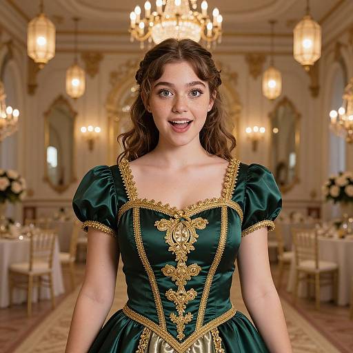 Photograph of a young woman with wavy brown hair, fair skin, and wide eyes, wearing an ornate green and gold Renaissance-style dress,