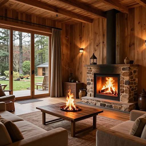 Cozy wood-paneled living room with roaring fireplace, stone mantel, wooden coffee table, burning fire pit, large window view of green yard.