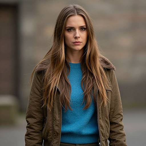 Photograph of a serious-looking young woman with long brown hair, wearing a blue sweater and green jacket, standing in front of a blurred brick wall.